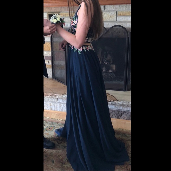 beautiful navy floral prom dress! size x-small - Picture 2 of 2